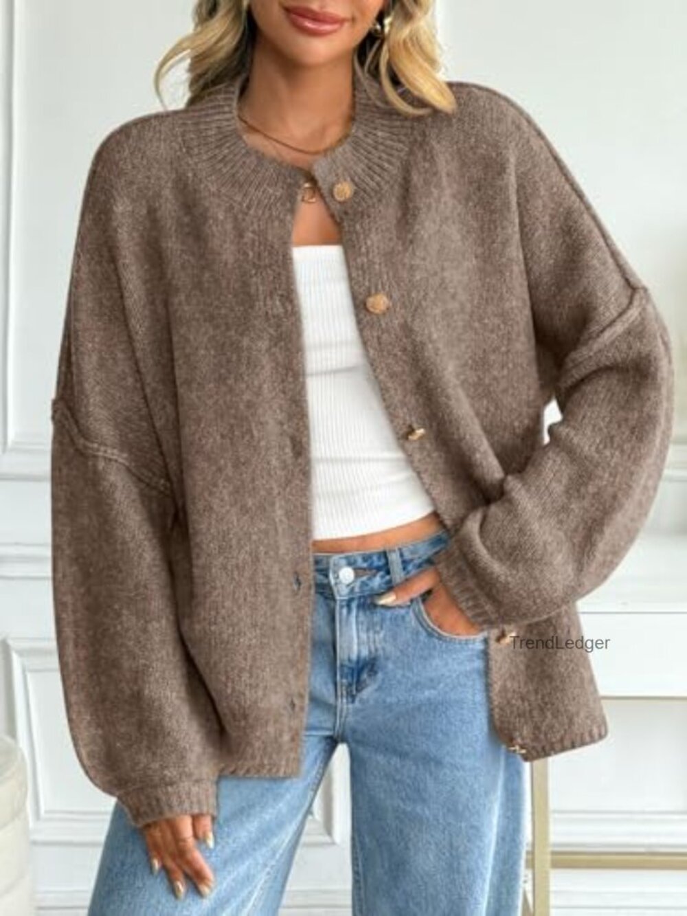 Oversized Chunky Knit Cardigan Long Lantern Sleeve Button Down Cozy Trendy - Picture 2 of 6